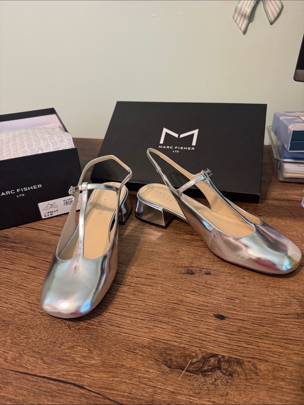 Marc Fisher Iridescent Silver T-Strap Low Block Heels